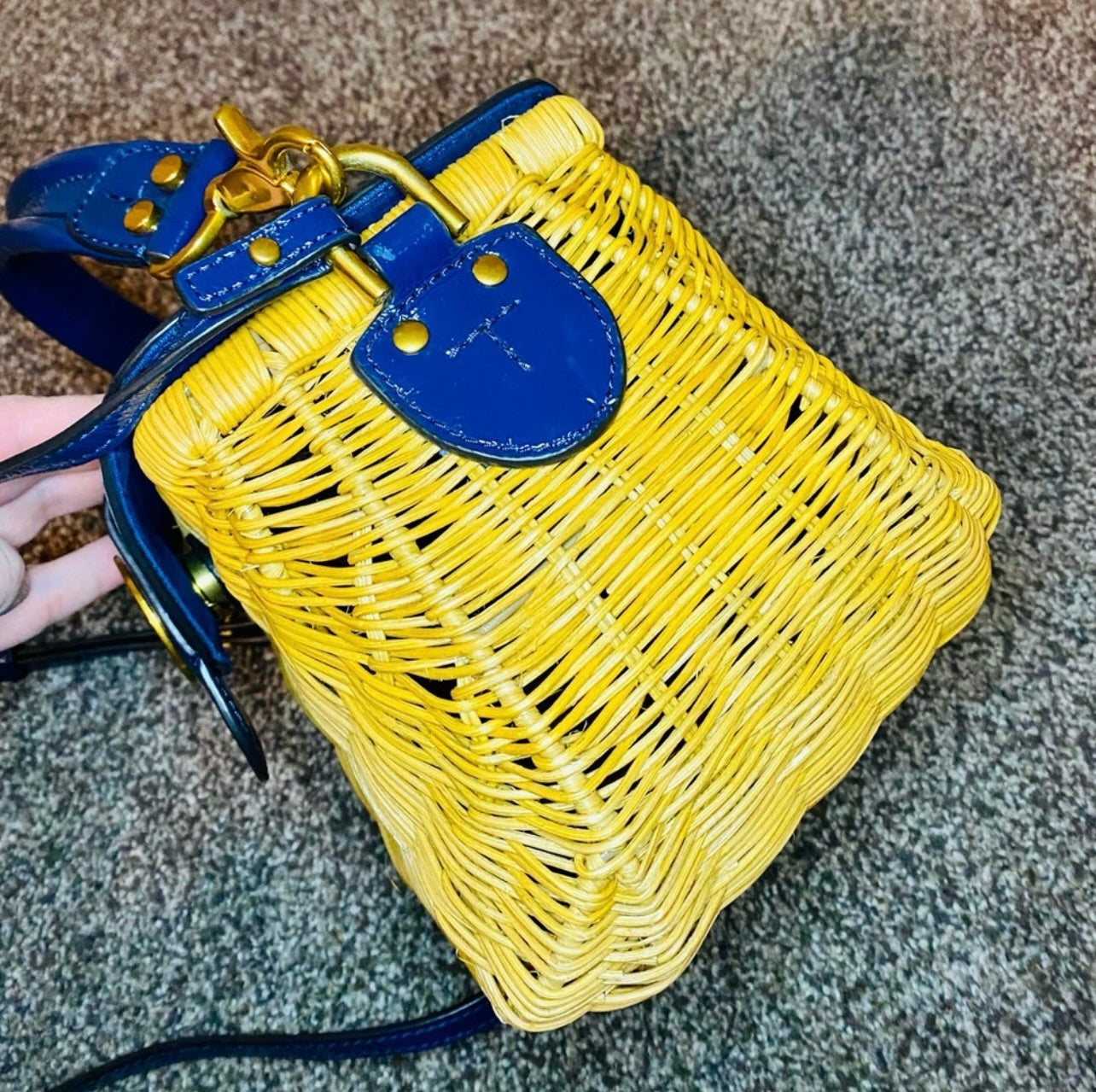 Tory Burch Navy Blue Patent Leather & Lacquered Rattan Basket Bag