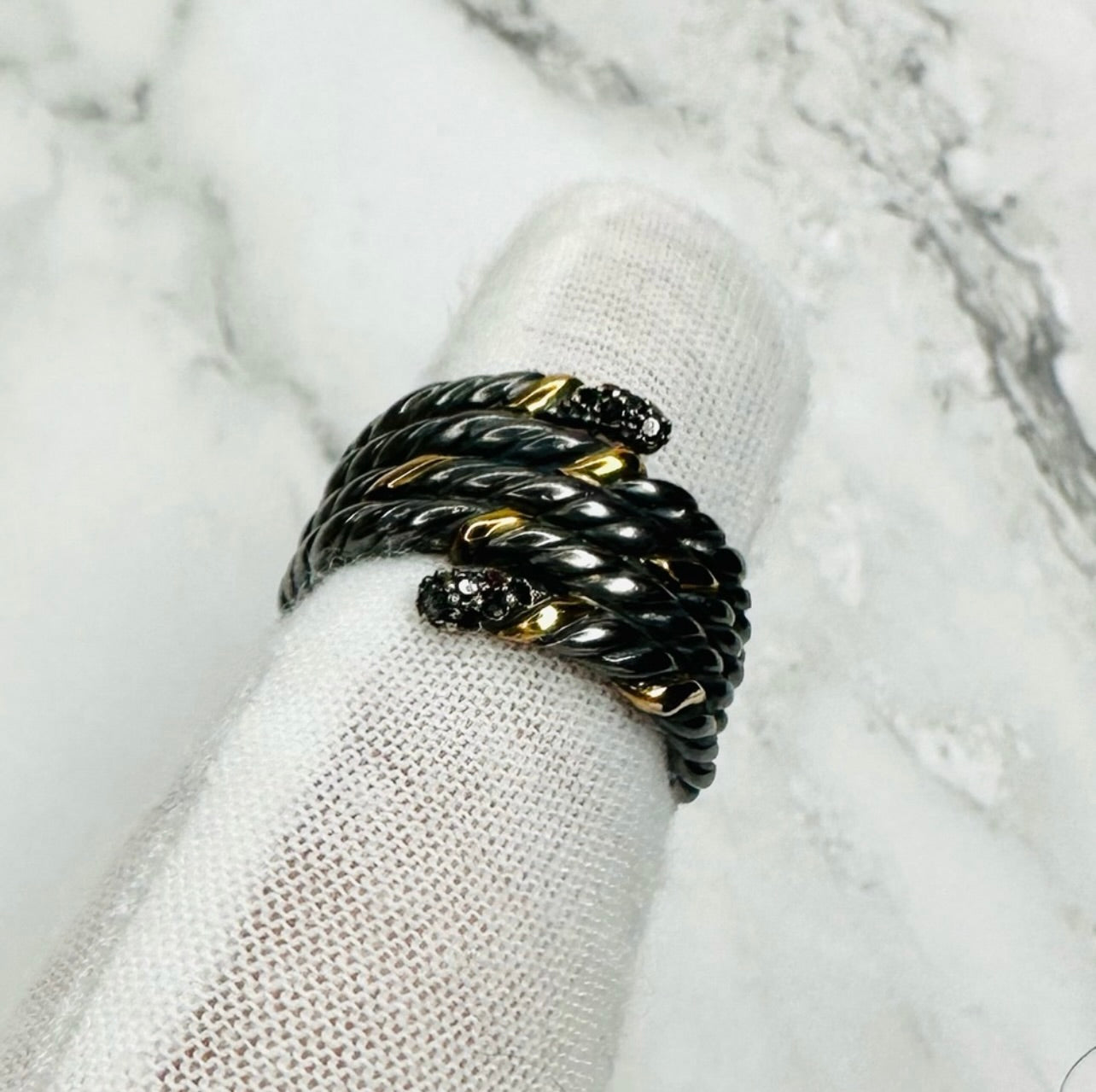 EUC David Yurman Blackened Silver & Gold Willow Serpent Ring w/ Black Diamonds