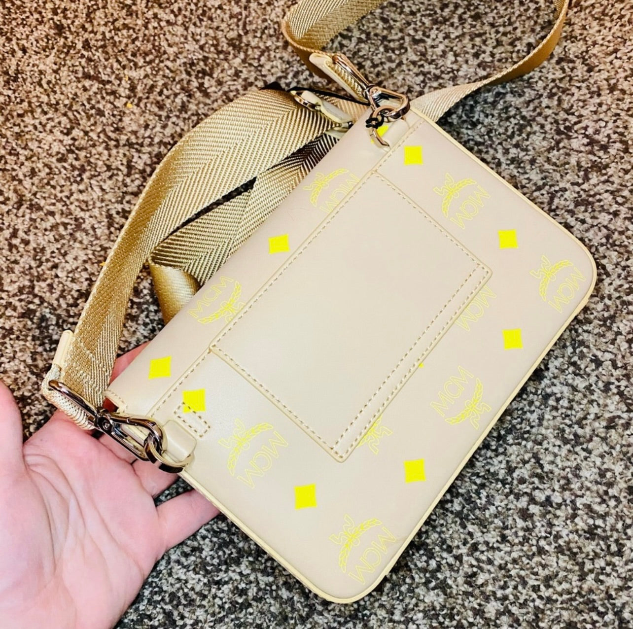 New MCM Millie Croissant Yellow Small Color Splash Logo Leather Crossbody Bag