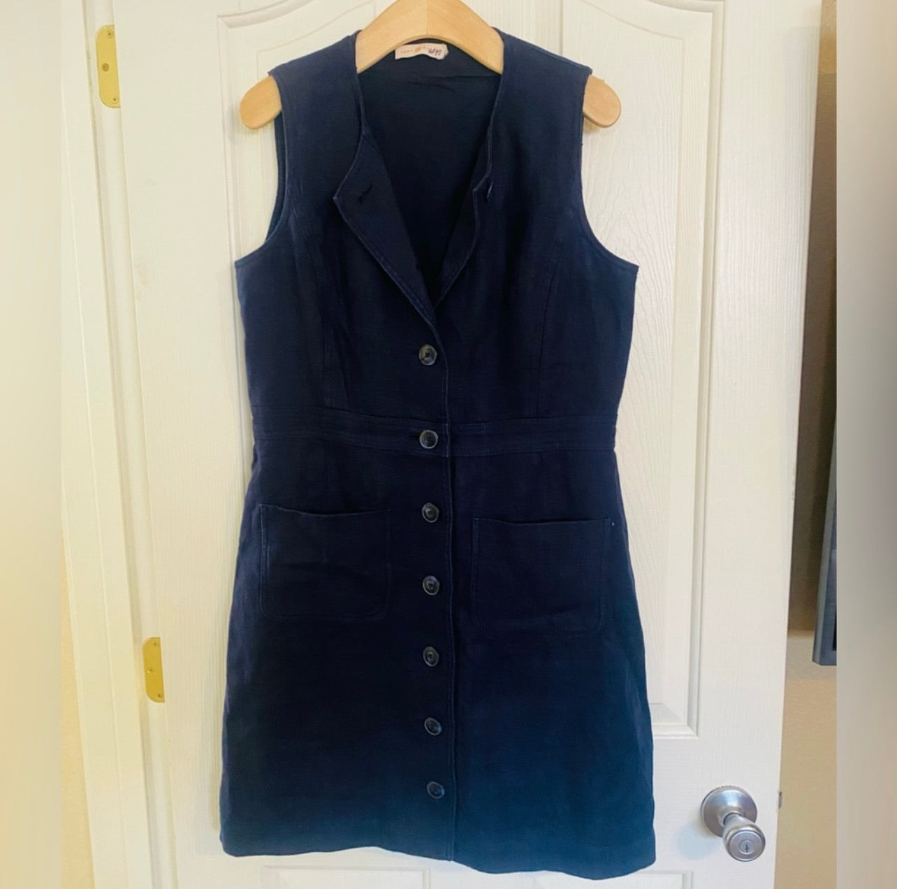 Tory Burch Indigo Navy Blue Button-Front Sleeveless Linen Shift Dress