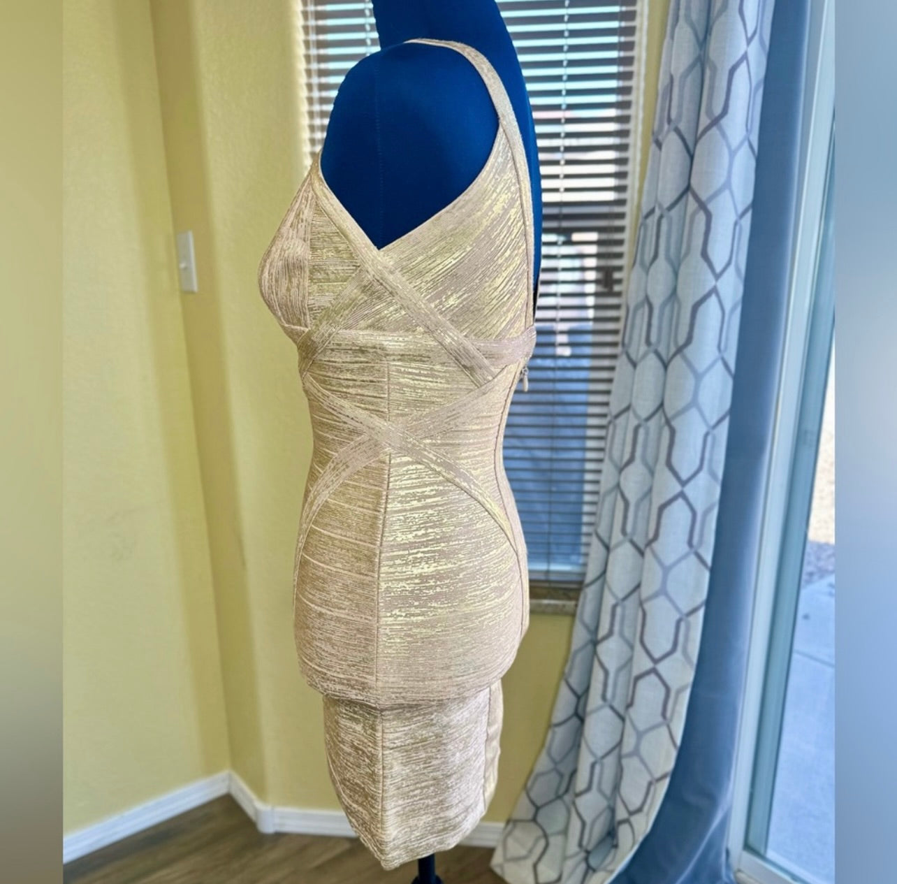 Herve Leger Ari Woodgrain Gold Foil-Print Dress