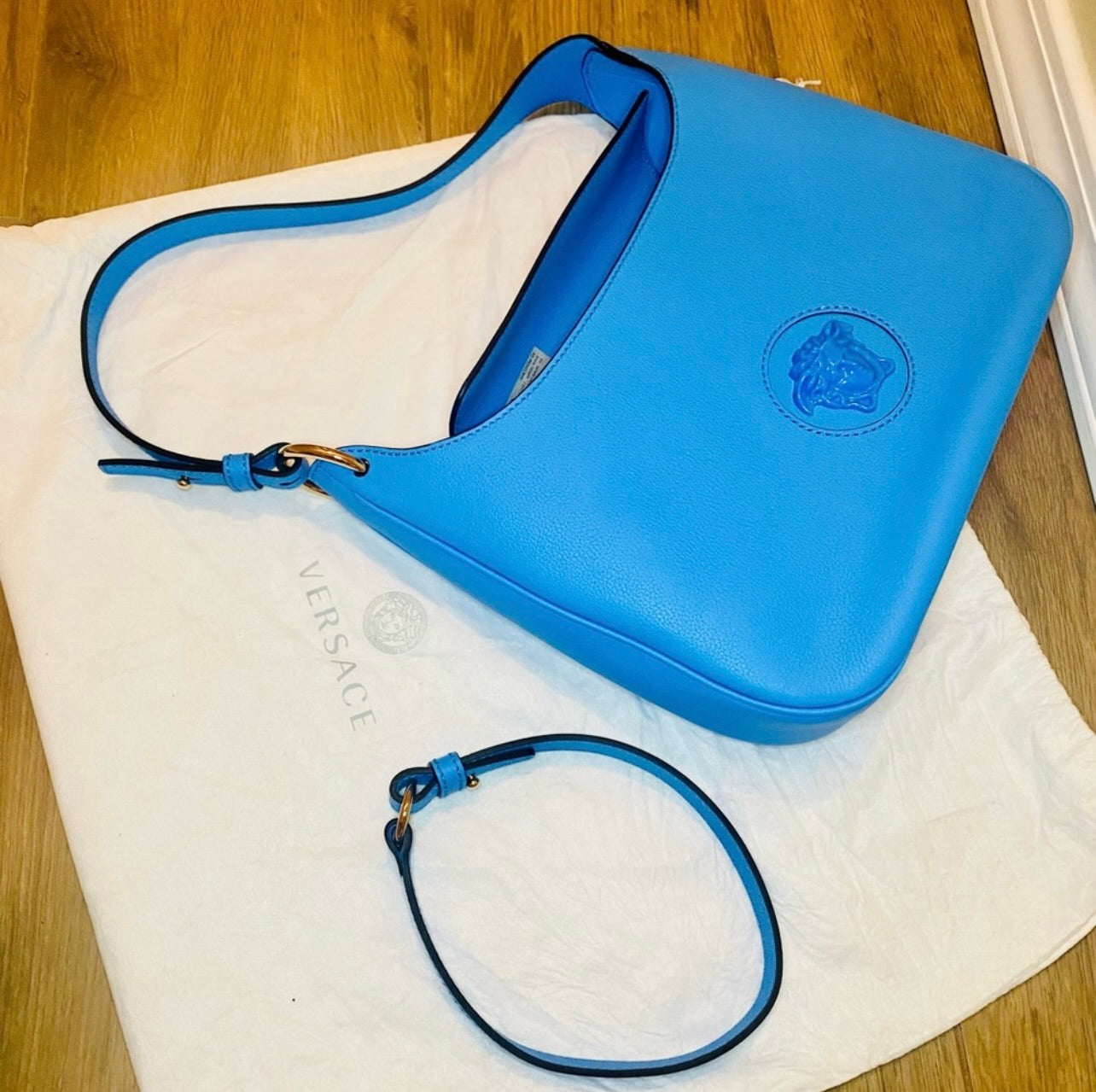 New VERSACE La Medusa Blue Leather Medium Hobo Convertible Strap Bag