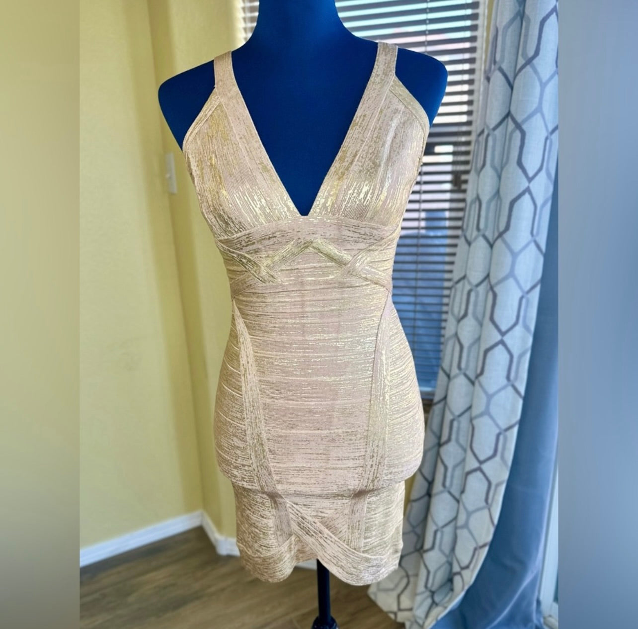 Herve Leger Ari Woodgrain Gold Foil-Print Dress