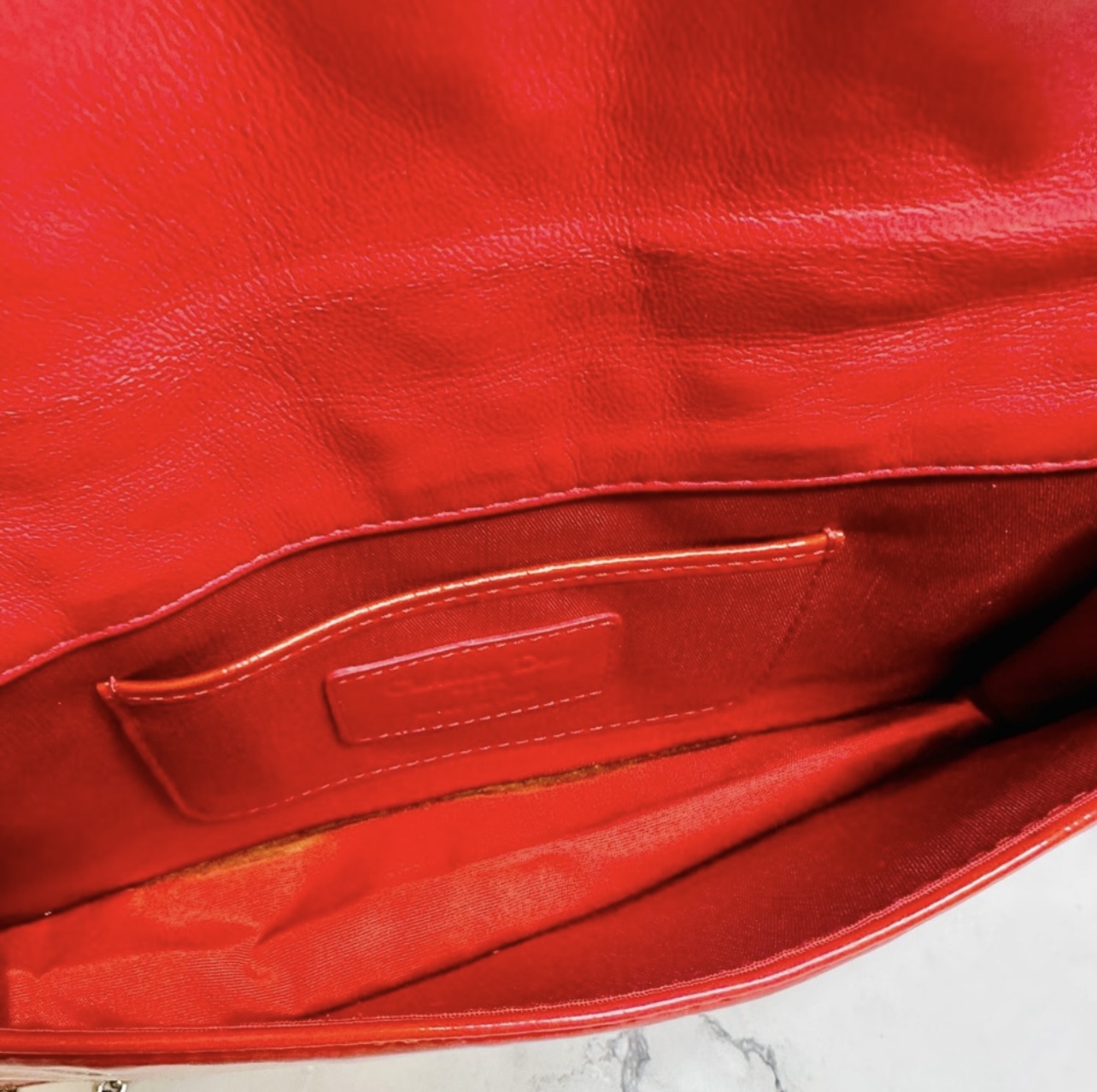 DIOR Coral Red Quilted Cannage Patent Calfskin Leather Lady Dior Chain Clutch