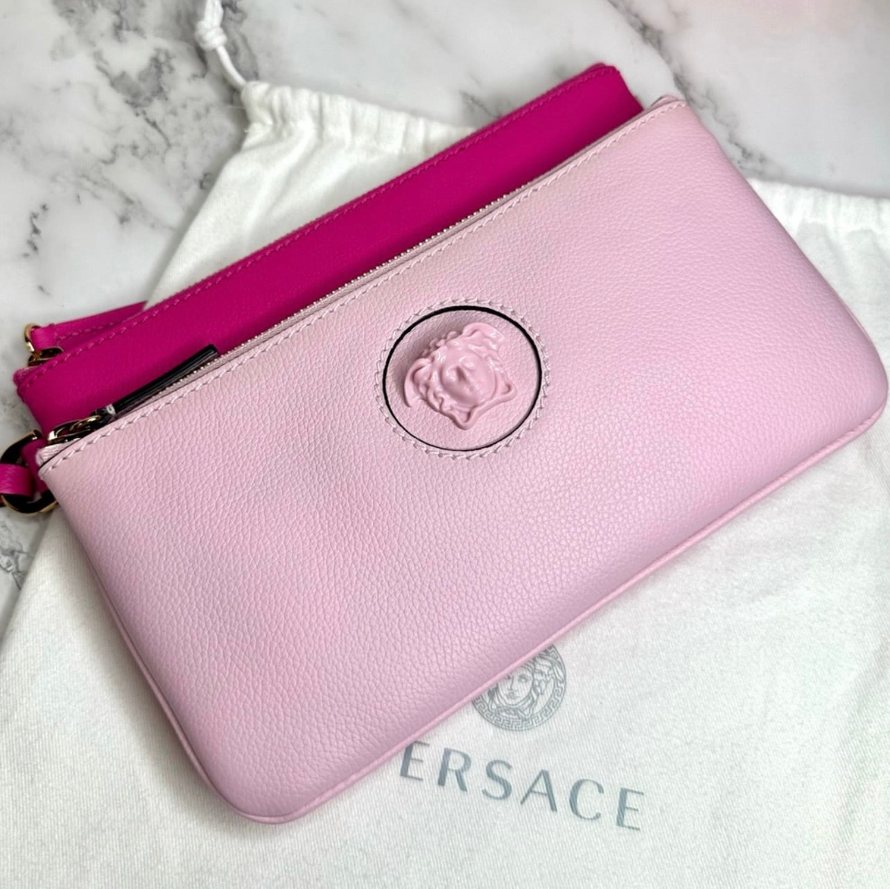 New Versace Double Zip La Medusa Pink Italian Leather Wristlet Pouch