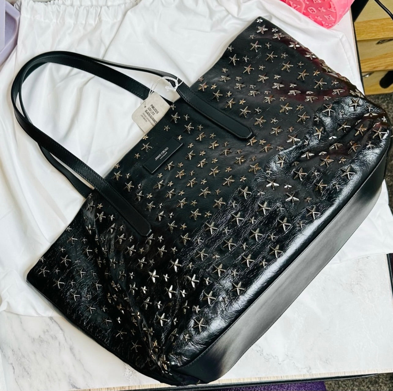 New Jimmy Choo Pimlico/s Black Vintage Leather Gunmetal Star-Stud Embellished Tote