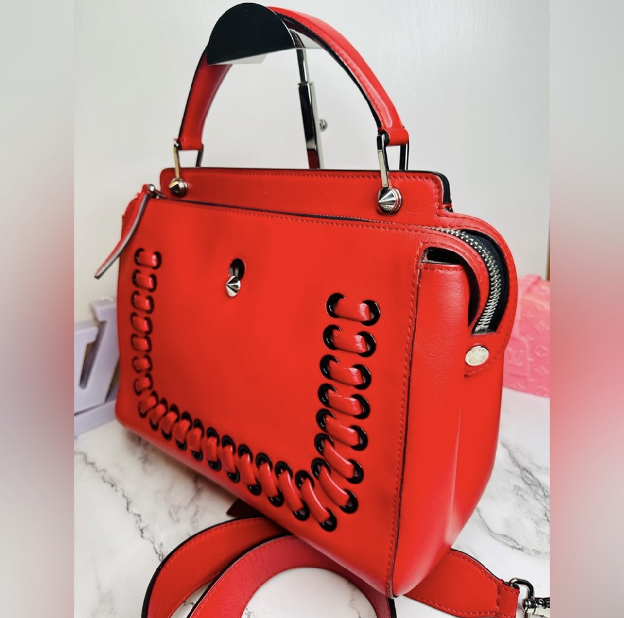 Fendi Medium Red Leather Whipstitch DotCom Convertible Satchel Bag