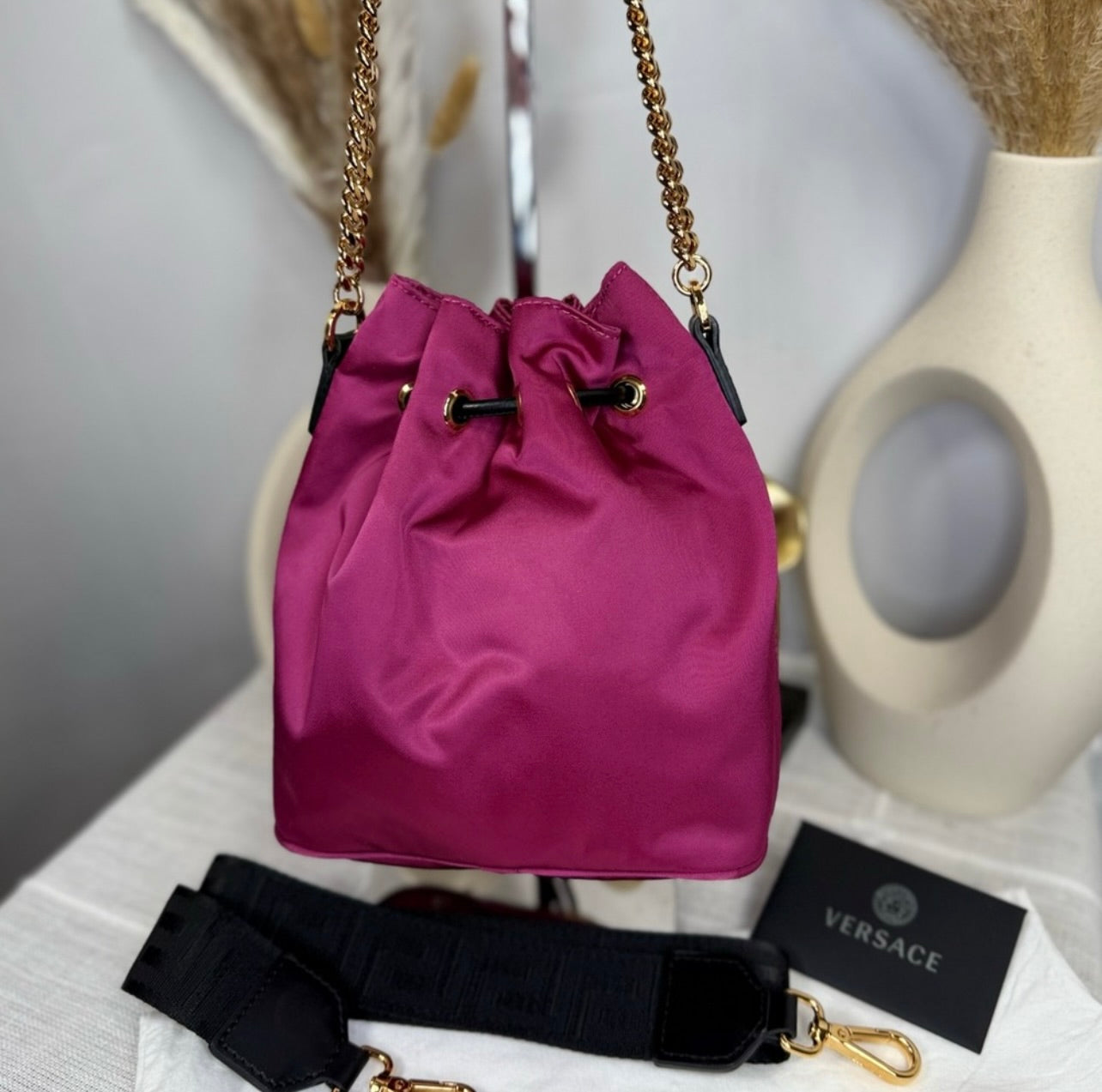 New Versace Deep Fuschia Nylon and Black Leather Drawstring Bucket Bag