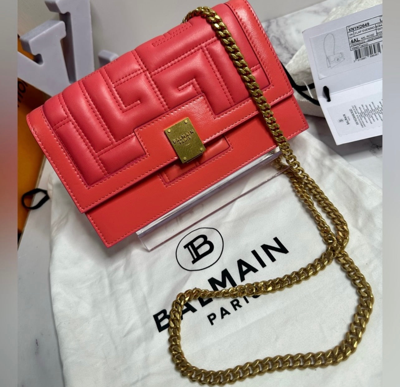 New Balmain Mini 1945 Rose Saumon Quilted Leather Bag