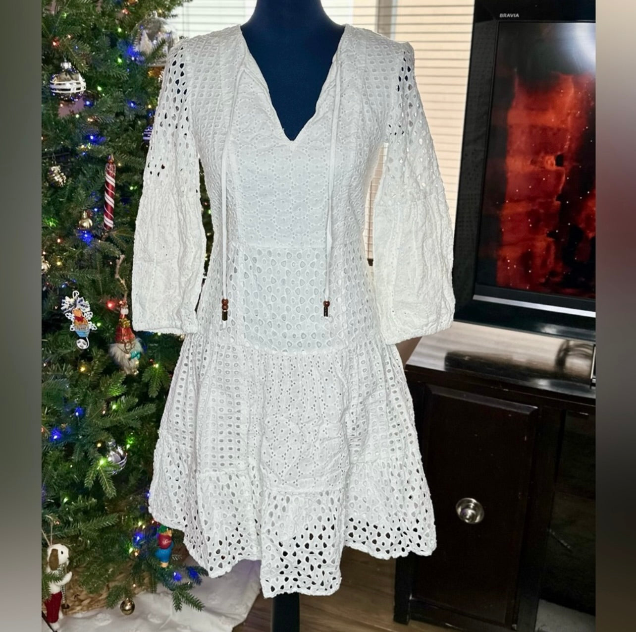Vince Camuto 3/4 Lantern Sleeve White Eyelet Lace Fir & Flare Dress