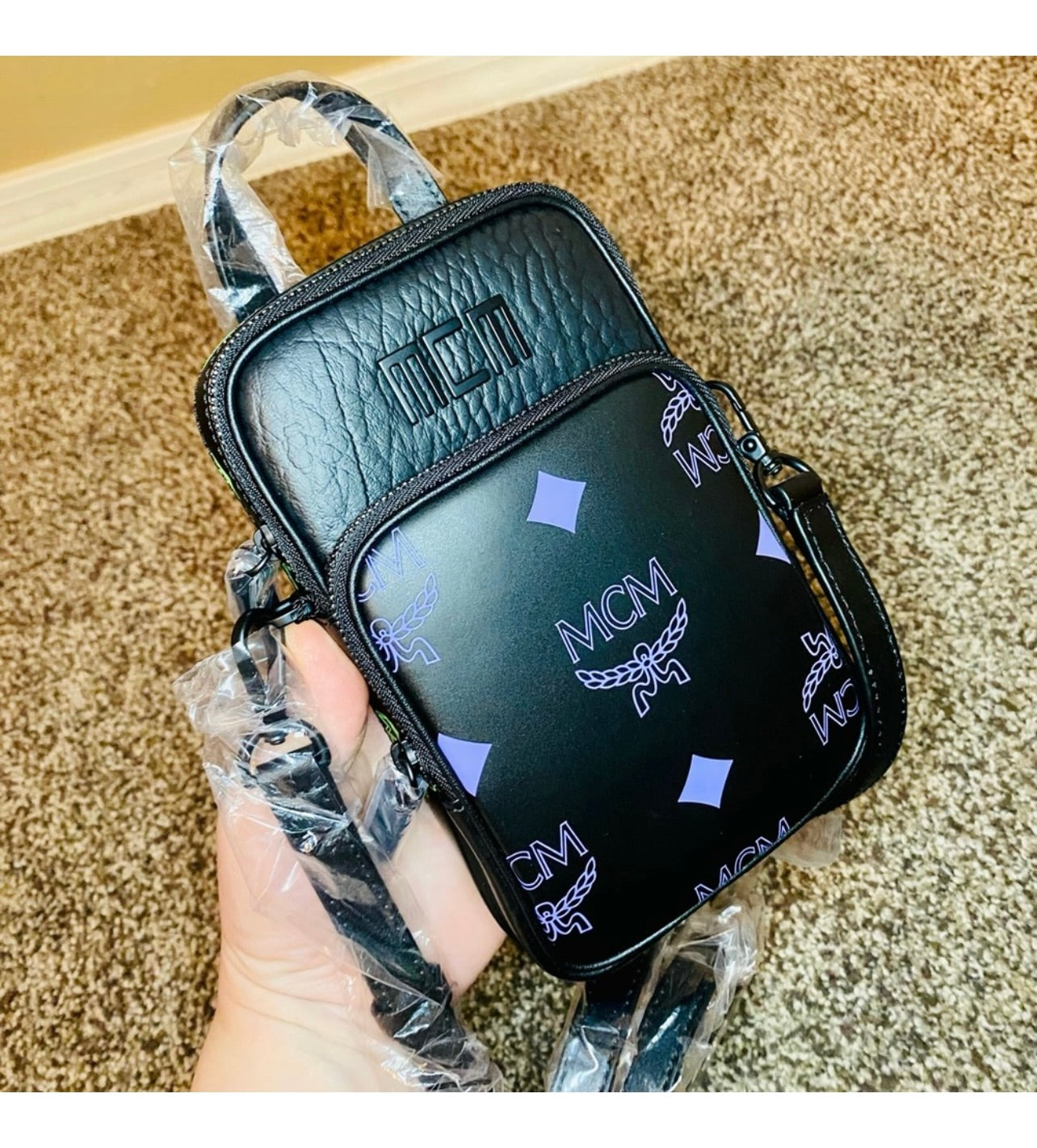 New Unisex MCM Black Leather Color Splash Logo Mini Crossbody Bag