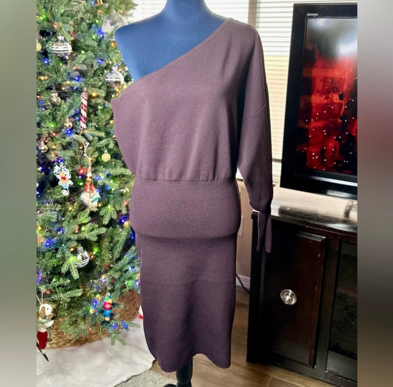 New Express Dark Purple One Shoulder Long Sleeve Mini Sheath Sweater Dress
