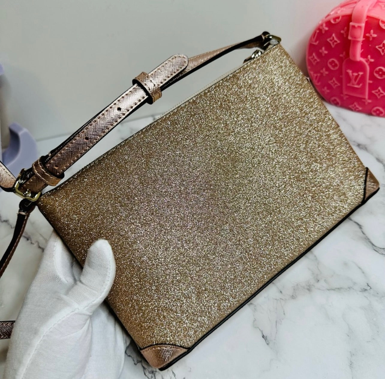 New Kate Spade Rose Gold Glitter Leather Crossbody Bag