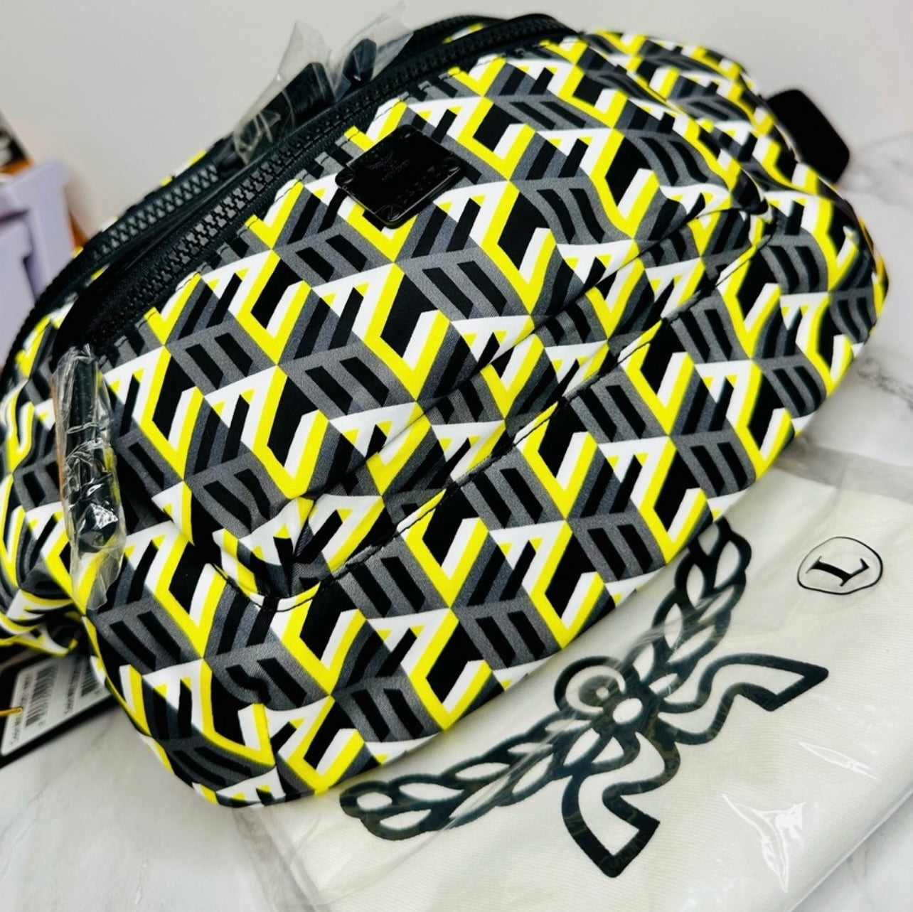 New Unisex MCM Large Black & Yellow Cubic Logo Nylon Belt Bag