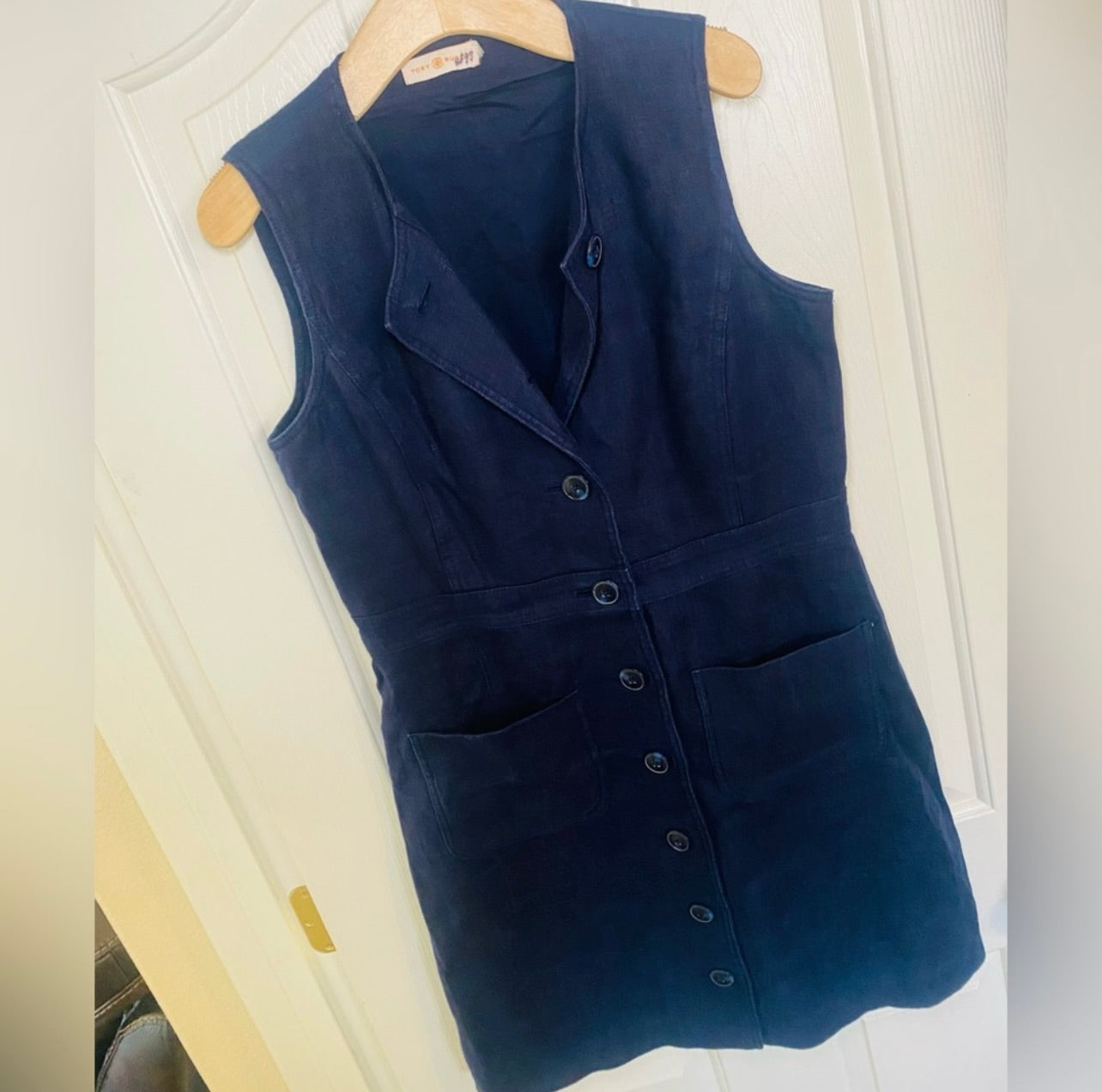 Tory Burch Indigo Navy Blue Button-Front Sleeveless Linen Shift Dress