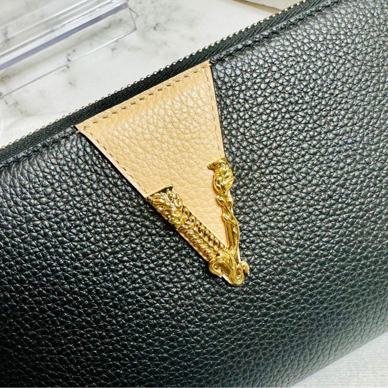 New Versace Two-Toned Black & Beige Grainy Calf Leather Virtus Continental Zip Around Wallet