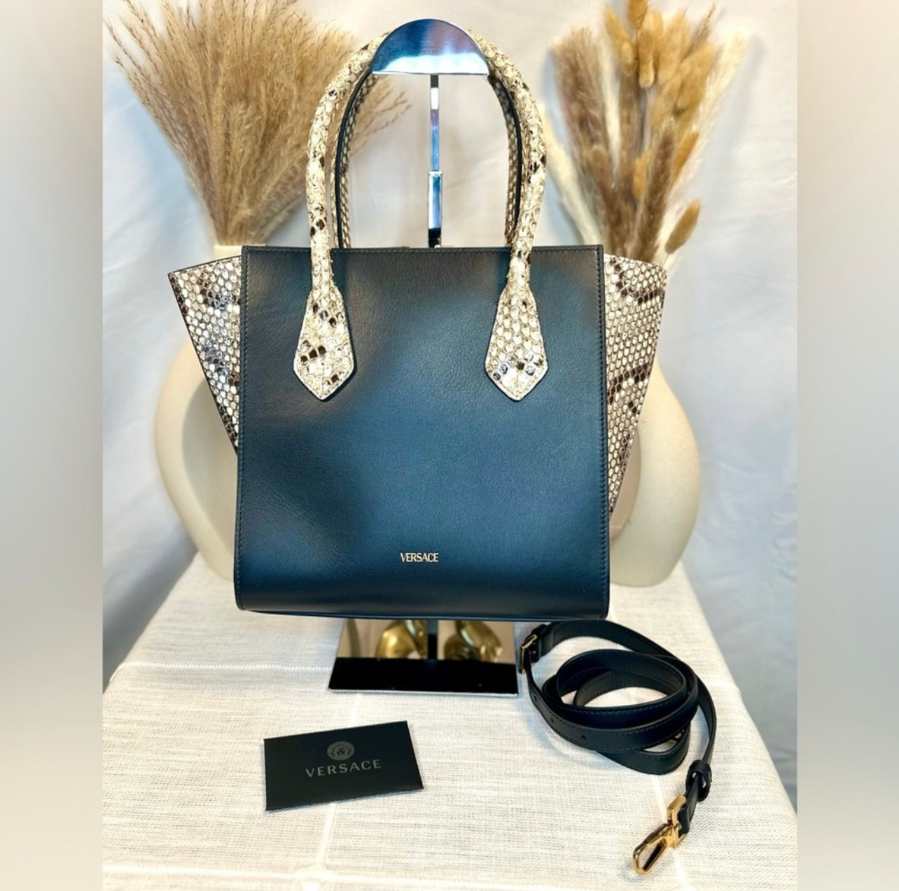 New VERSACE Medium Virtus Calf Leather & Python Handbag