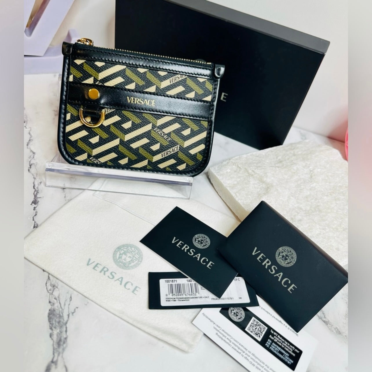New Versace Khaki/Tan/Black La Greca & Black Leather Signature Modular Pouch