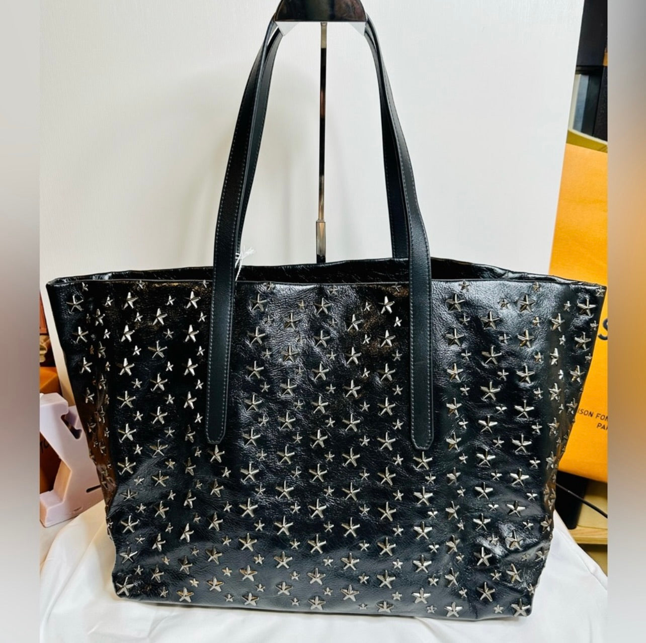 New Jimmy Choo Pimlico/s Black Vintage Leather Gunmetal Star-Stud Embellished Tote