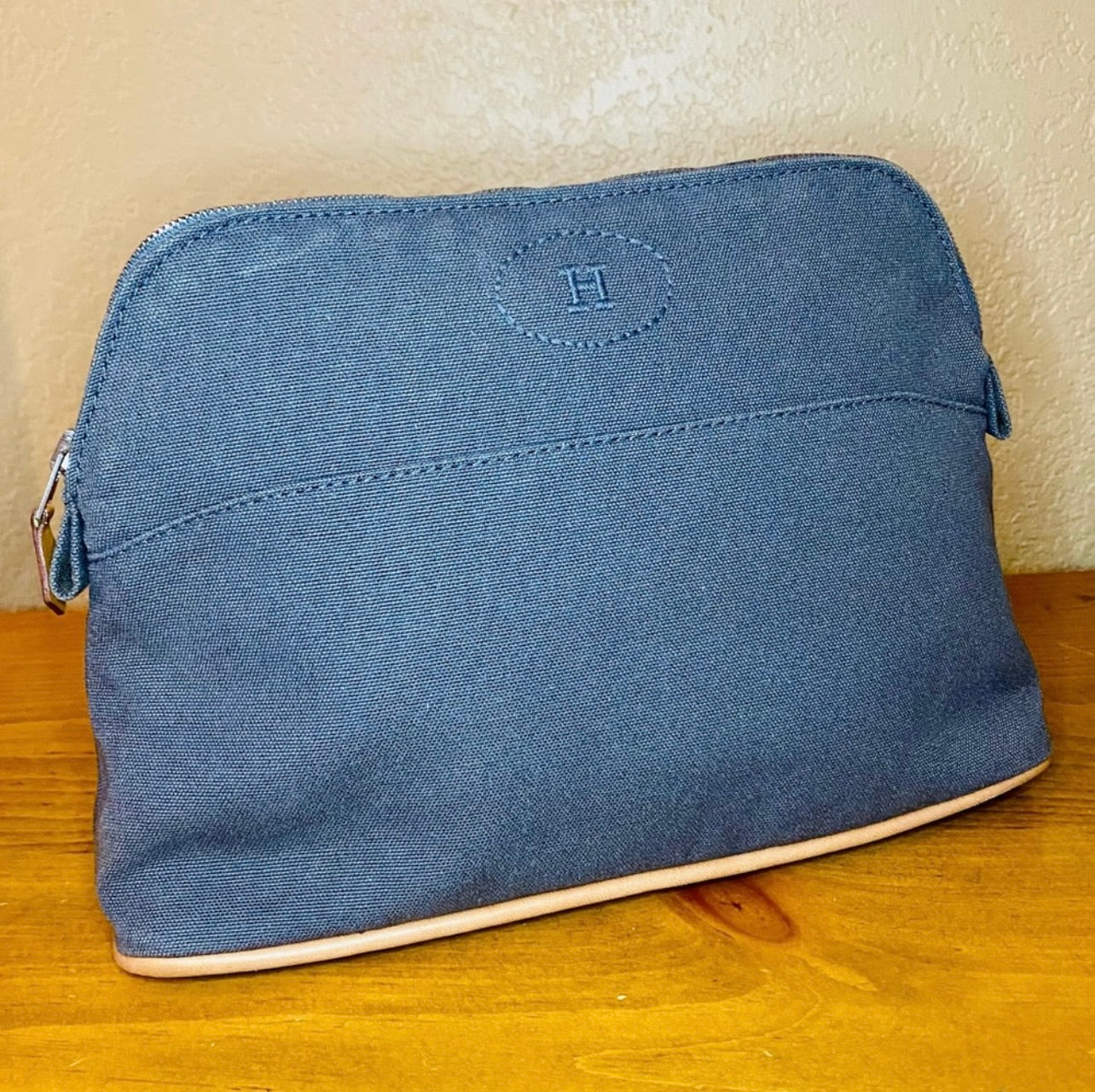 Vintage HERMES Gray Blue Canvas & Leather Bolide Cosmetic Pouch Purse MM