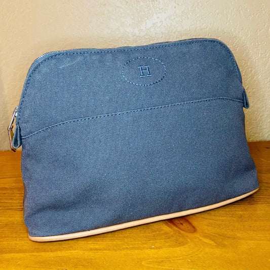 Vintage HERMES Gray Blue Canvas & Leather Bolide Cosmetic Pouch Purse MM