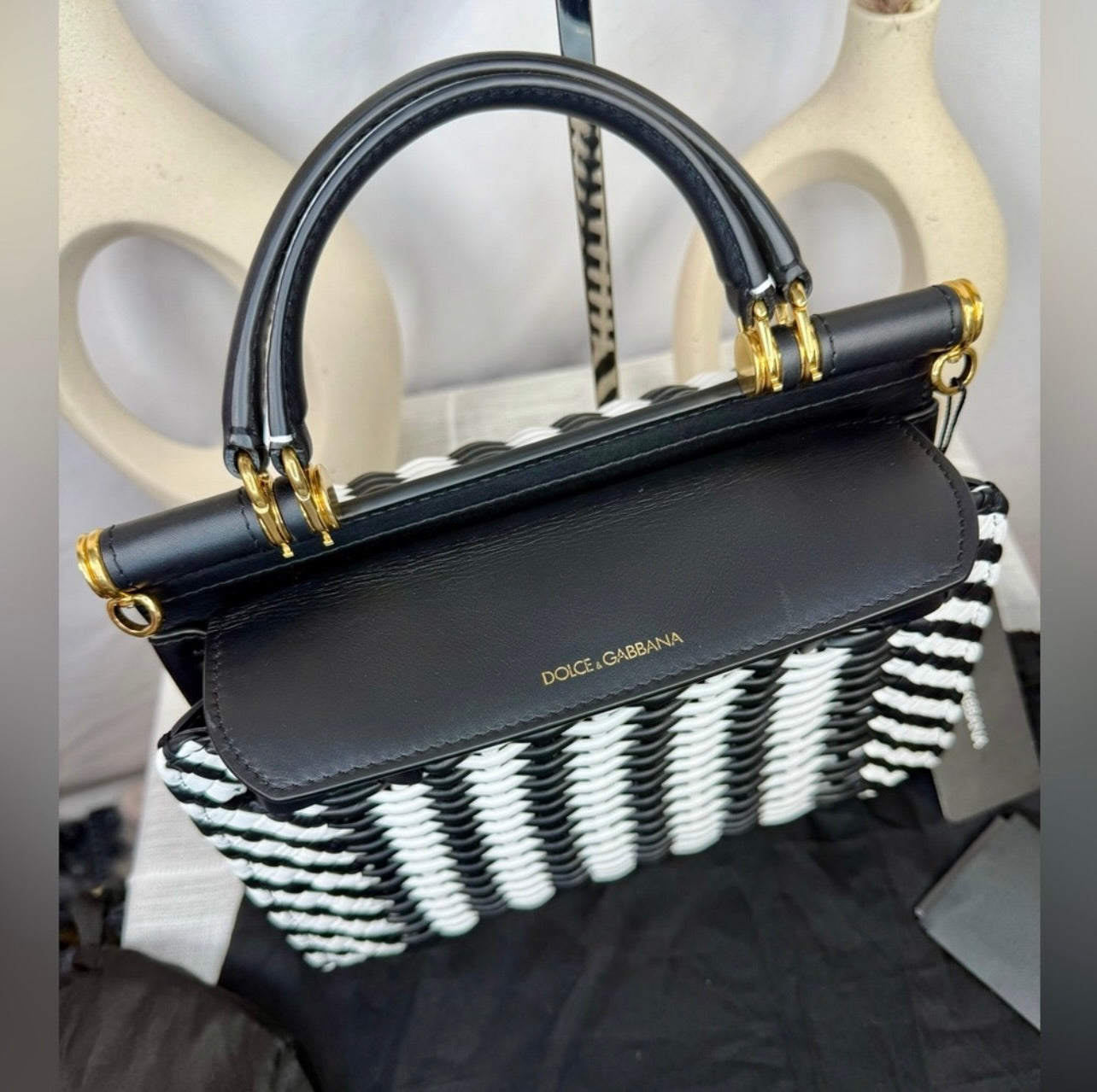 New Dolce & Gabbana Black & White Woven Leather Medium Sicily 58 Bag