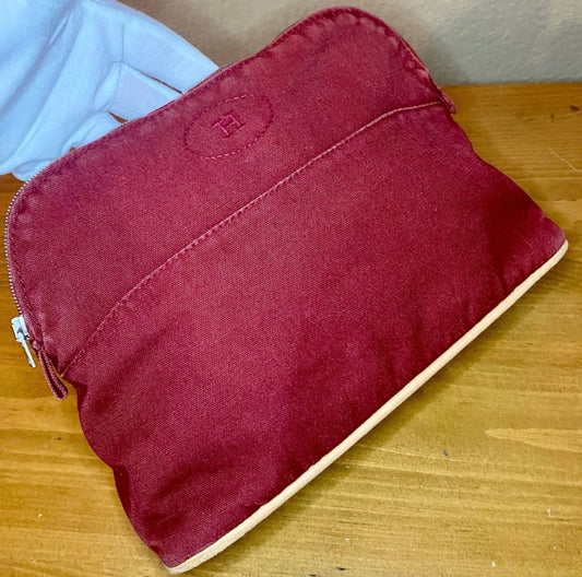 Vintage HERMES Brink Red Canvas & Leather Bolide Cosmetic Pouch Purse MM