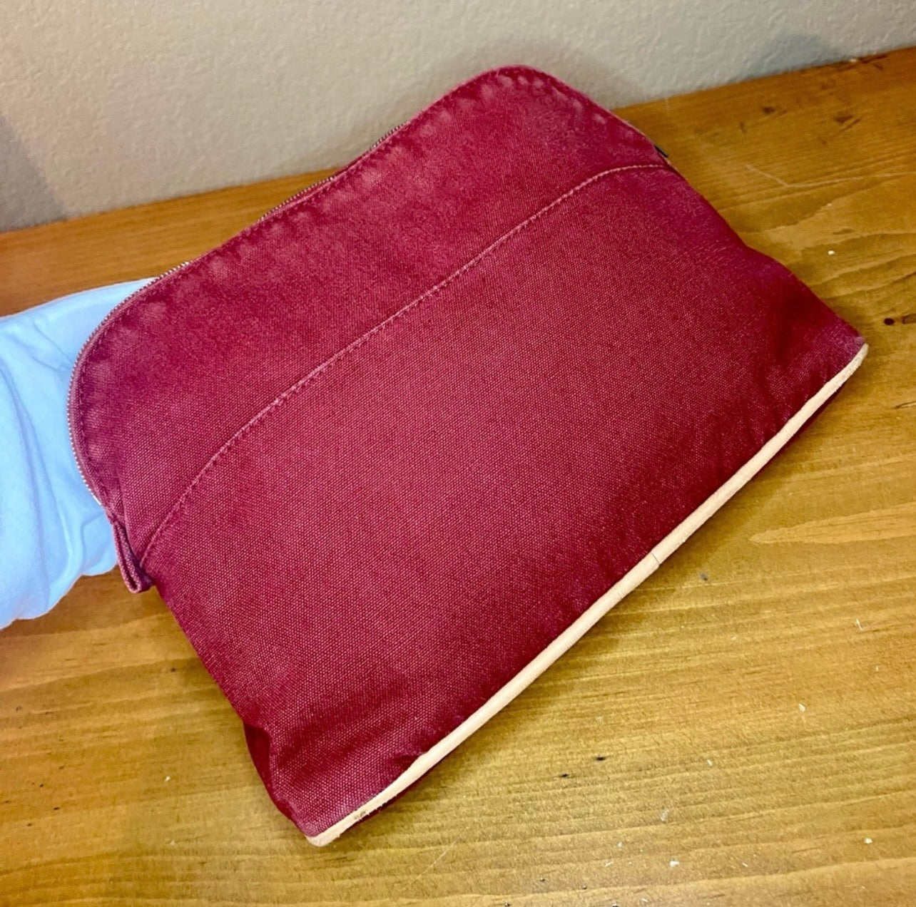 Vintage HERMES Brink Red Canvas & Leather Bolide Cosmetic Pouch Purse MM