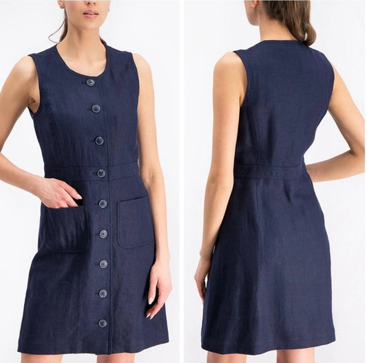 Tory Burch Indigo Navy Blue Button-Front Sleeveless Linen Shift Dress