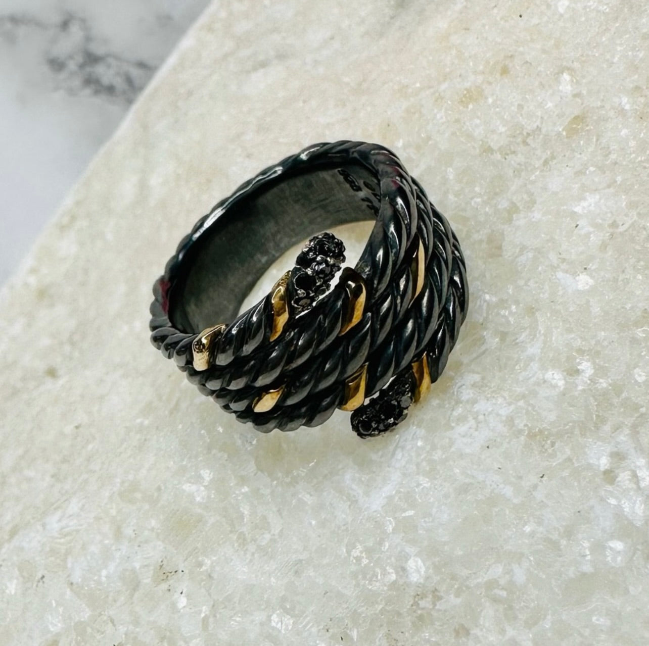 EUC David Yurman Blackened Silver & Gold Willow Serpent Ring w/ Black Diamonds