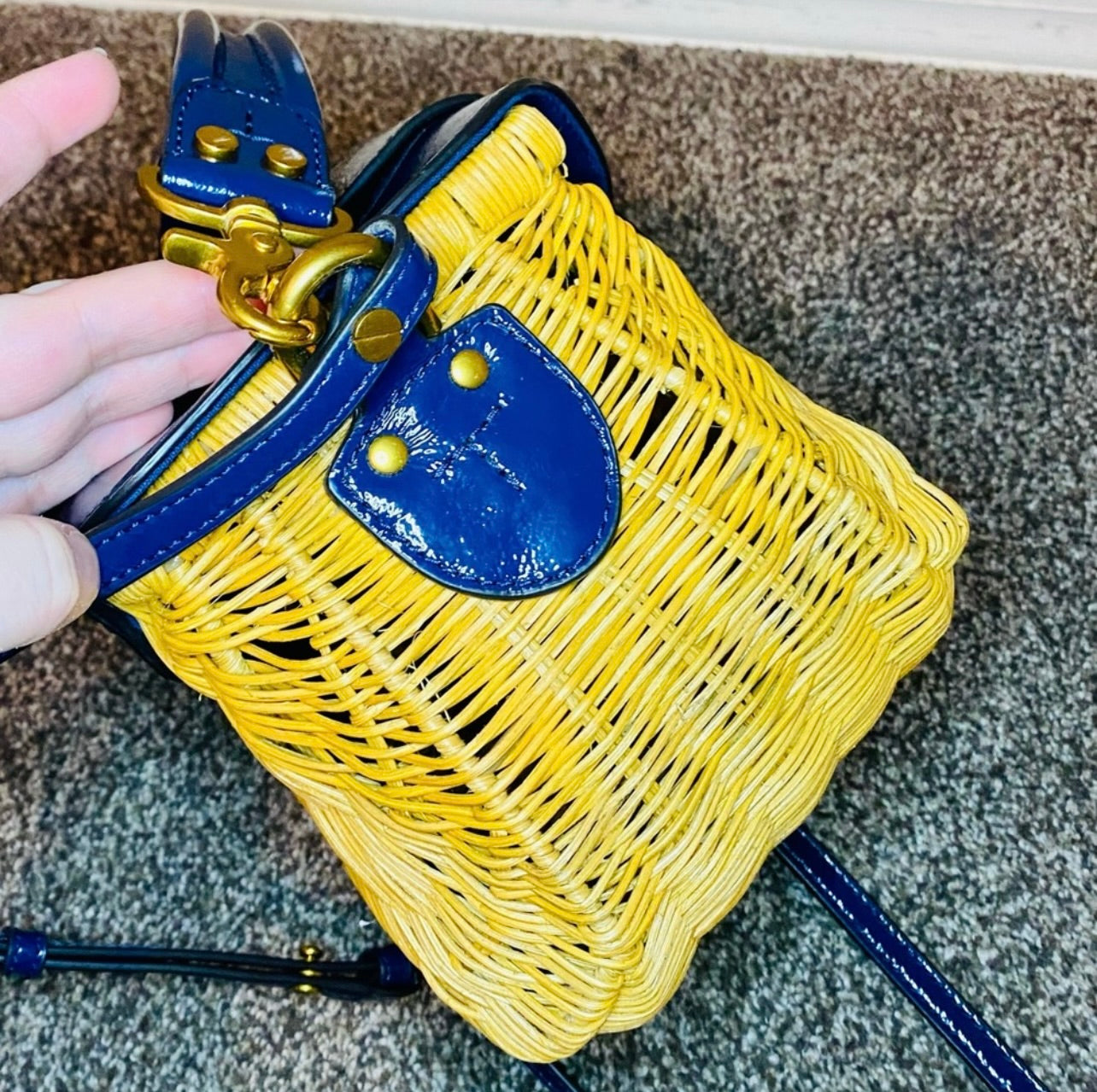 Tory Burch Navy Blue Patent Leather & Lacquered Rattan Basket Bag