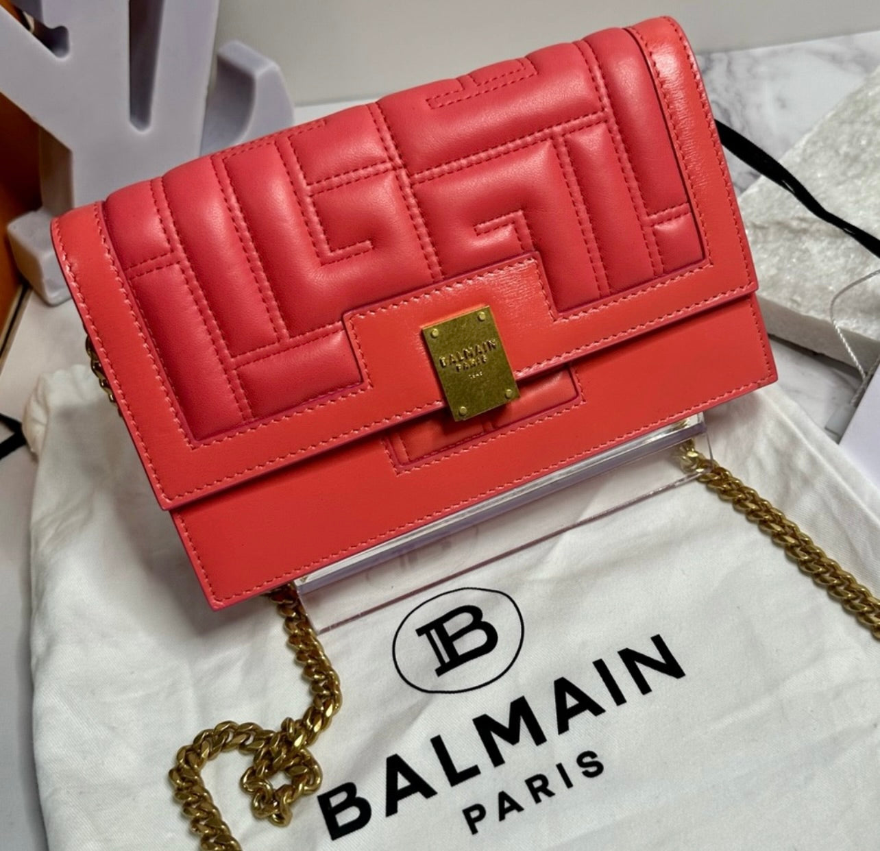 New Balmain Mini 1945 Rose Saumon Quilted Leather Bag