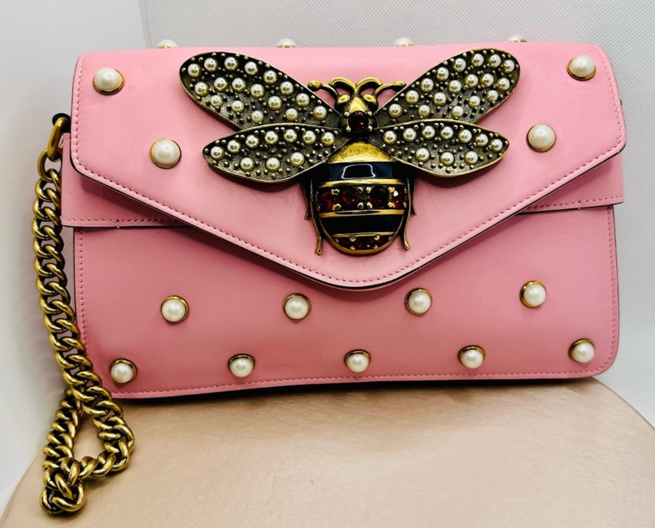 Gucci Sugar Pink Leather Mini Pearl Studded Queen Margaret Broadway Shoulder Bag