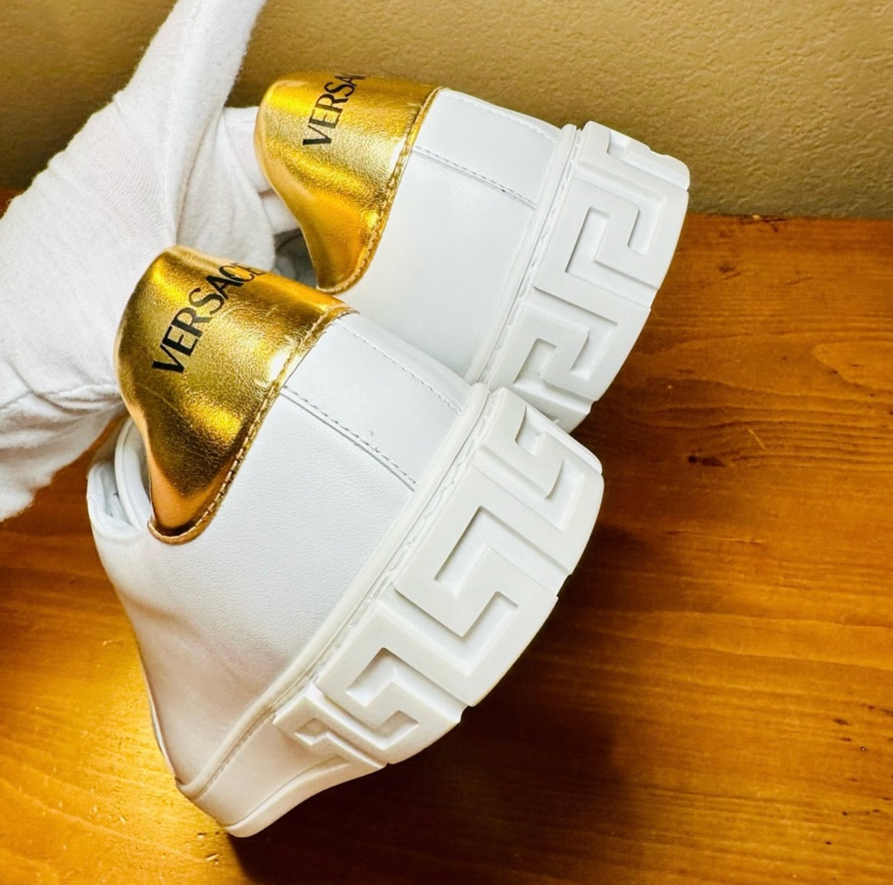 New Unisex Versace Gold & White Leather Athletic Sneakers