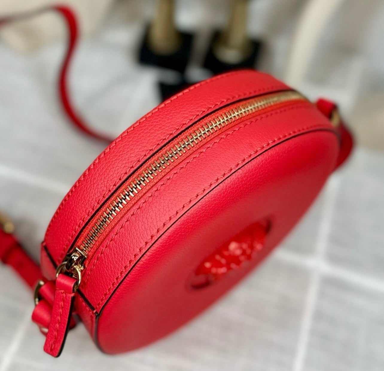 New Versace La Medusa Lipstick Red Leather Disco Round Crossbody Bag