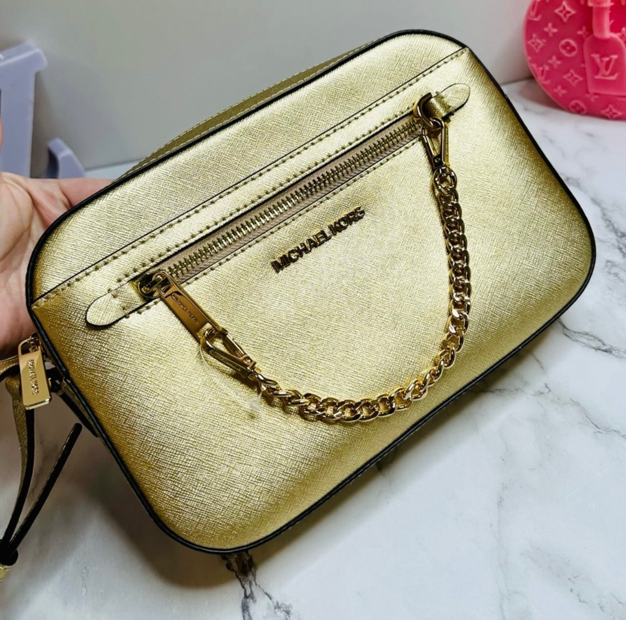 New Michael Kors Jet Set Large Pale Gold Saffiano Leather Crossbody Bag