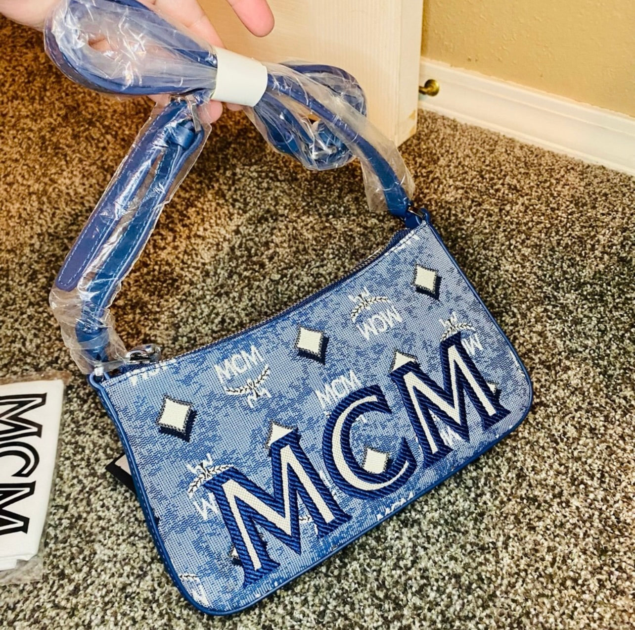 New MCM Blue Vintage Monogram Jacquard Aren Mini Shoulder Bag