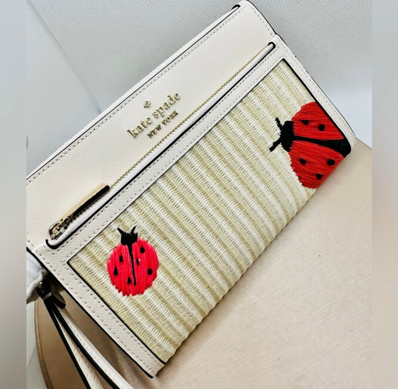 New Kate Spade Dottie Natural Straw w/ Ladybug Embroidered Wristlet