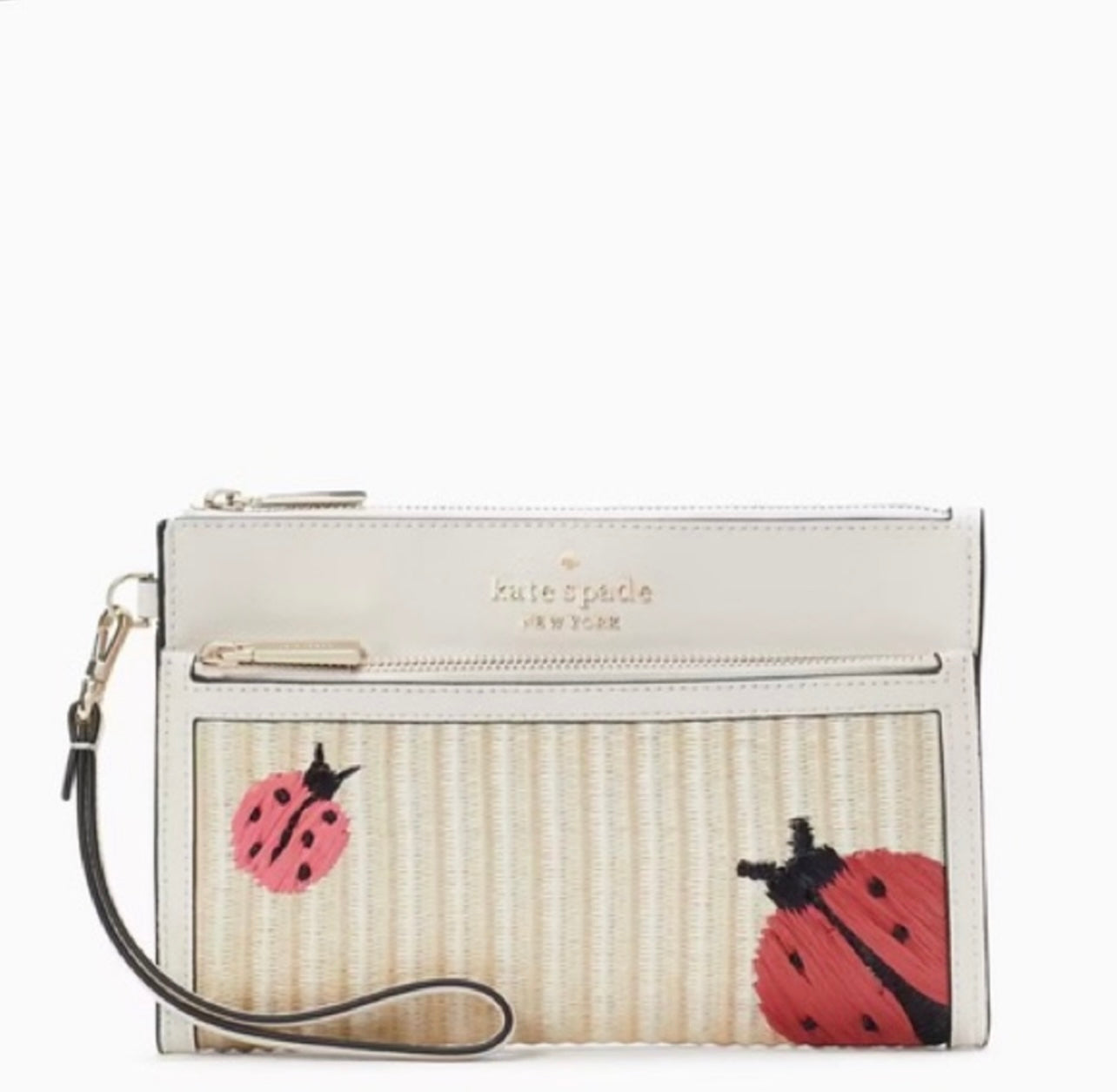 New Kate Spade Dottie Natural Straw w/ Ladybug Embroidered Wristlet