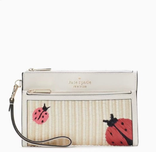 New Kate Spade Dottie Natural Straw w/ Ladybug Embroidered Wristlet