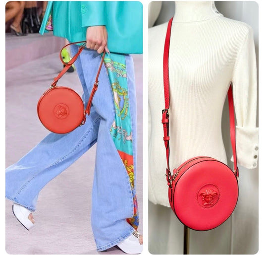 New Versace La Medusa Lipstick Red Leather Disco Round Crossbody Bag