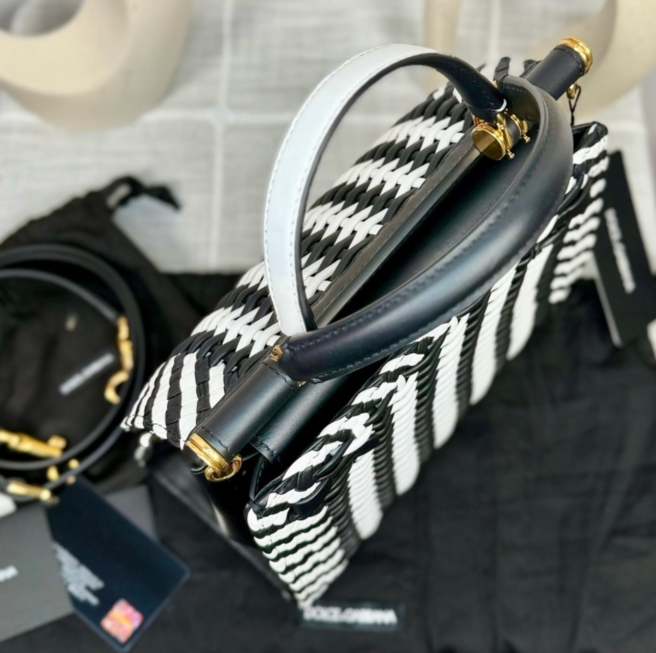 New Dolce & Gabbana Black & White Woven Leather Medium Sicily 58 Bag