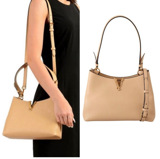 New VERSACE Vitello Virtus V Small Beige Grainy Calfskin Leather Shoulder Bag