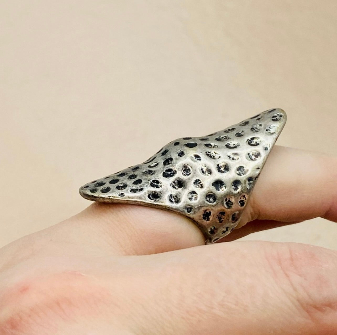 Vintage Handmade Texture Silver Long Armor Boho Statement Ring