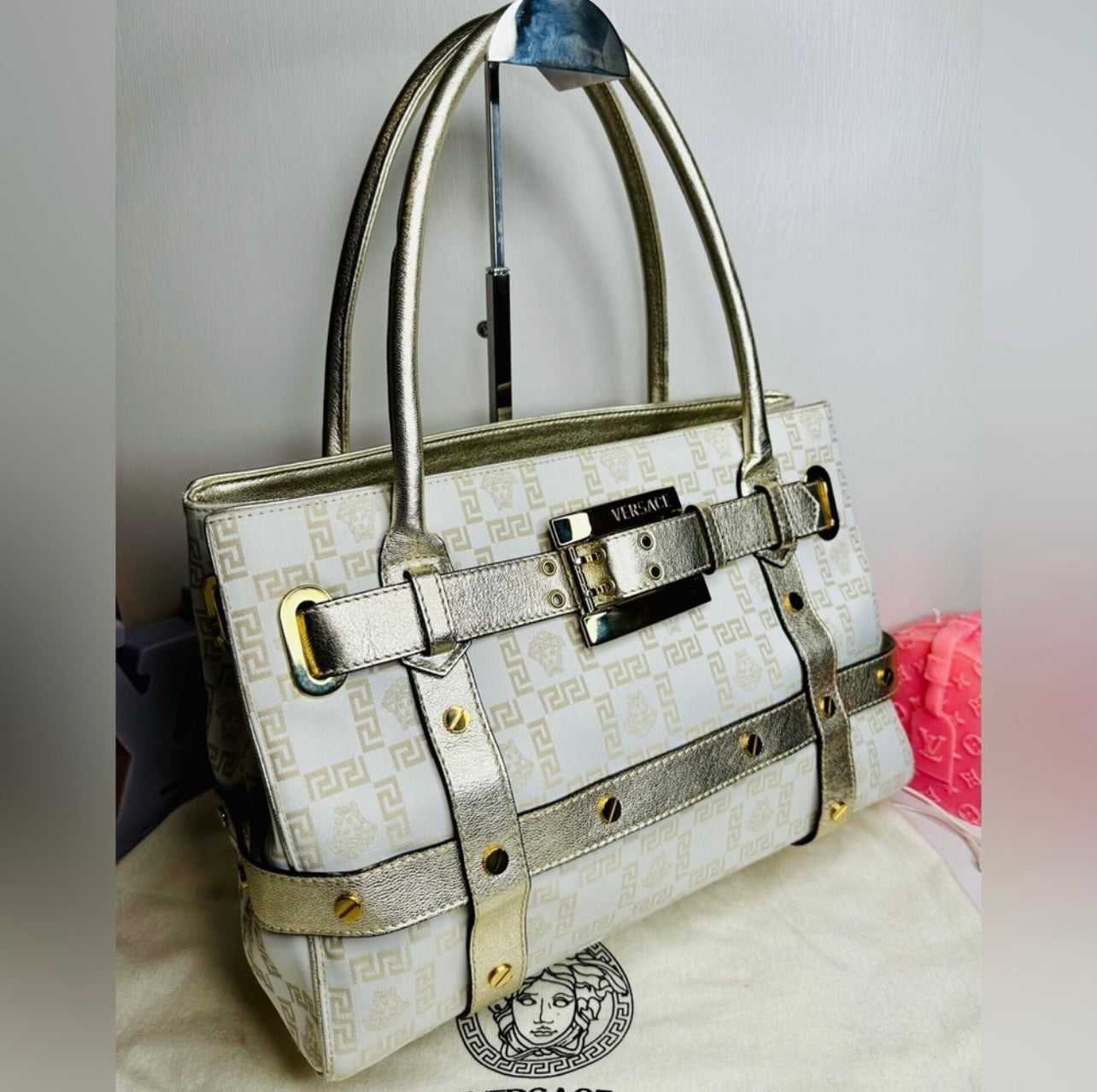 EUC VERSACE Medusa Gold & Cream Logo Print Canvas & Leather Shoulder Bag