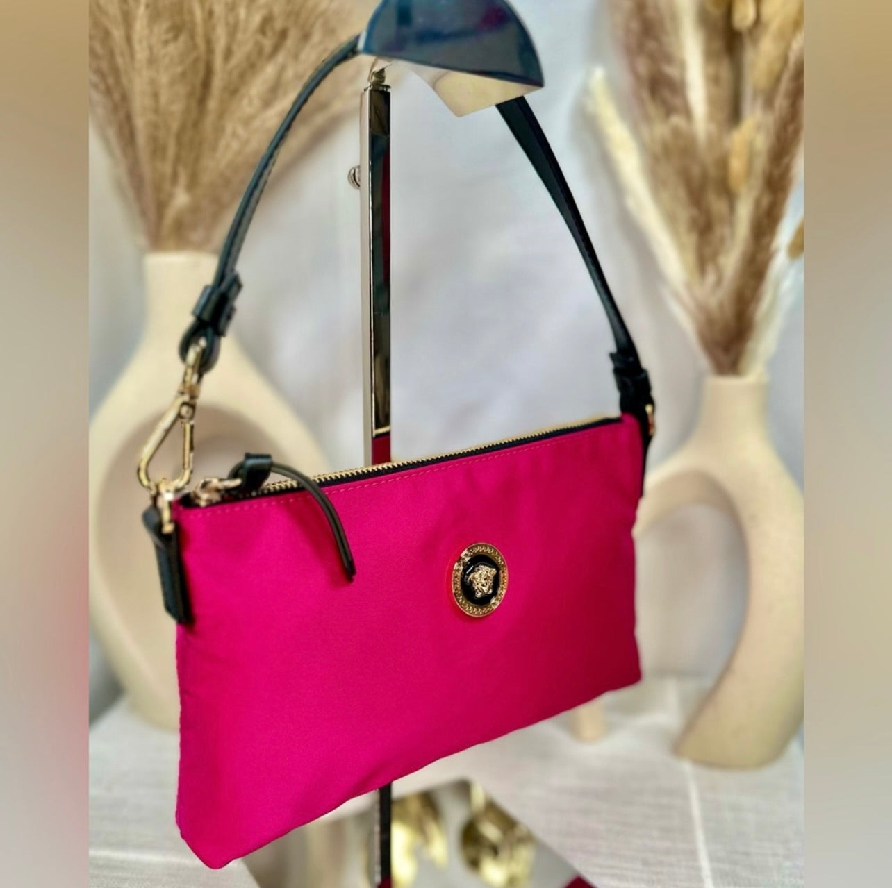 New Versace Hot Pink Flamingo Satin Nylon Pouchette Bag