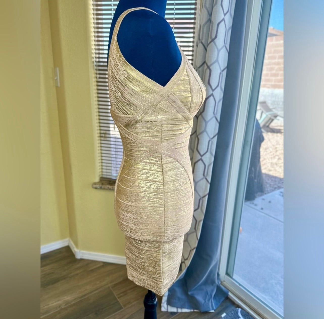 Herve Leger Ari Woodgrain Gold Foil-Print Dress