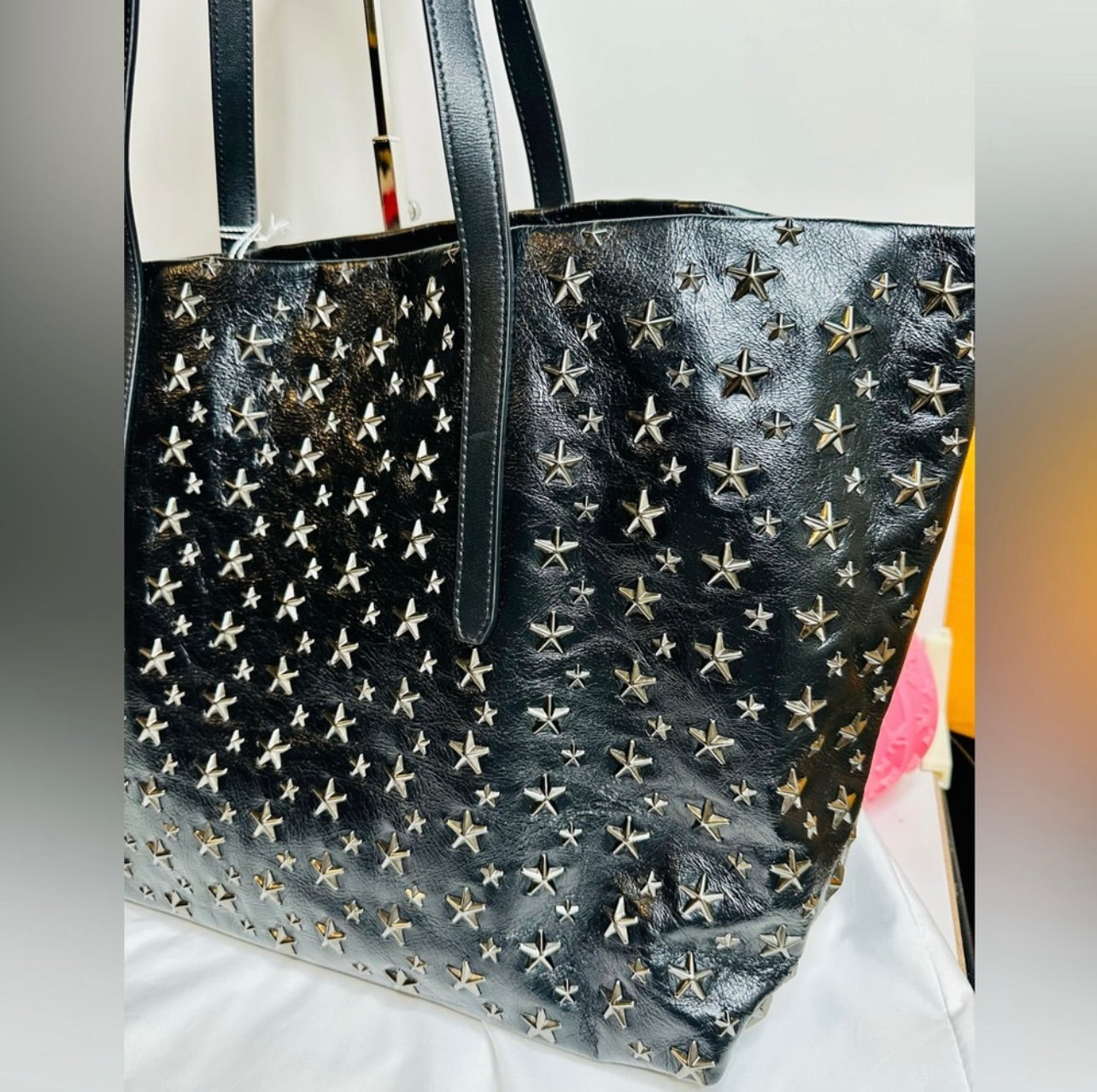 New Jimmy Choo Pimlico/s Black Vintage Leather Gunmetal Star-Stud Embellished Tote