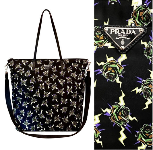 New Limited Edition Prada x Frankenstein Rose Print Nylon Convertible Shopper Tote Bag