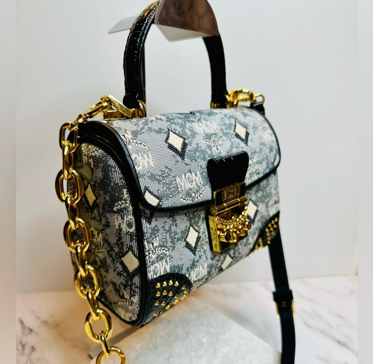 New MCM Small Gray Vintage Monogram Jacquard Studded Tracy Satchel Bag